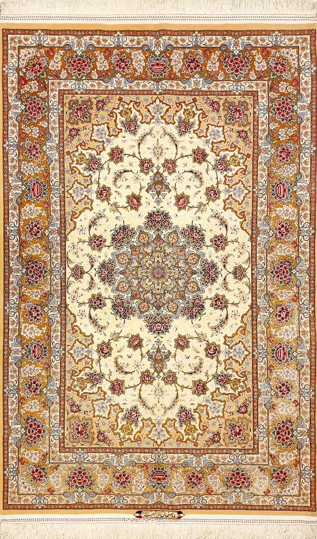 "Authentic hand-knotted Persian rug from Isfahan, Iran - luxurious wool and silk design measuring 220 cm x 150 cm (7.2 feet x 4.9 feet) with intricate floral patterns and superior craftsmanship."